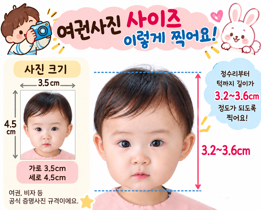 아기 여권사진 촬영 시 필요한 사진 크기 가로 3.5cm, 세로 4.5cm와 정수리부터 턱까지 얼굴 길이 3.2~3.6cm 기준을 아기 증명사진과 함께 설명한 안내 이미지.