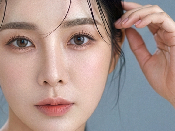 자연스러운 메이크업과 촉촉한 피부 표현이 돋보이는 여성의 뷰티 프로필사진. 얼굴을 클로즈업해 섬세한 눈빛과 세련된 분위기를 강조한 인물사진.